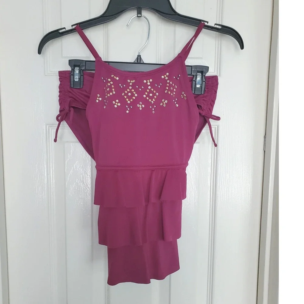 Justice Tankini Swimsuit Magenta Pink Rhinestone Ruffle Two Piece Set 18